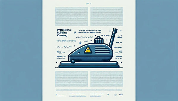 Minimalistische Vektorgrafik eines stilisierten Reinigungsgeräts in Persian Blue mit gelbem Akzentpunkt auf weißem Hintergrund, Überschrift Professionelle Gebäudereinigung