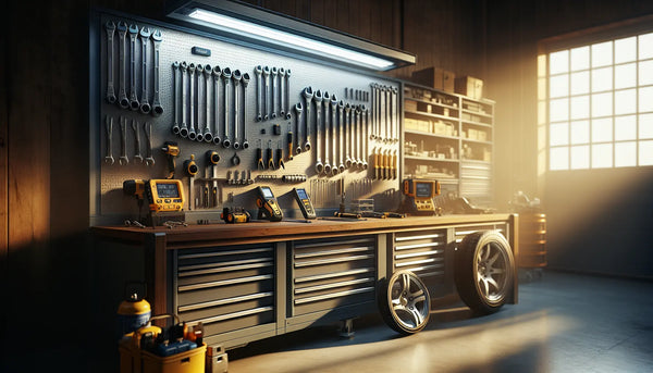 Gut beleuchtete Kfz-Werkstatt mit hochwertigen Werkzeugen auf Werkbankregal, professionelle Atmosphäre, Steelmonks Farbschema, Präzision und Handwerkskunst.