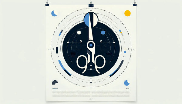 Minimalistische Illustration einer stilisierten Schneiderschere in Persian Blue mit gelbem Akzent auf weißem Hintergrund, repräsentiert professionellen Schneiderarbeitsplatz