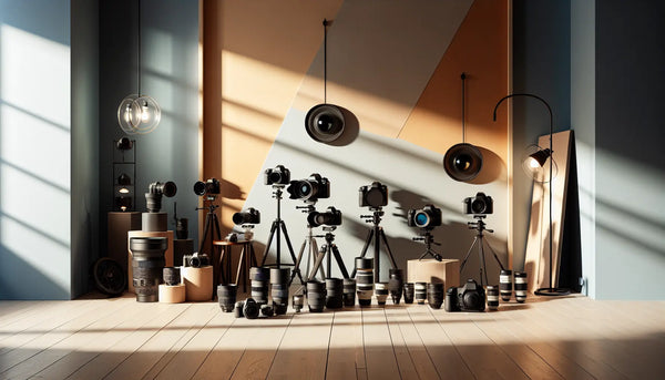 Hochwertiges Fotostudio mit professionellen Kameras und Requisiten in Steelmonks Farben, ohne Personen, warme Lichtstimmung, minimalistisch und stilvoll.