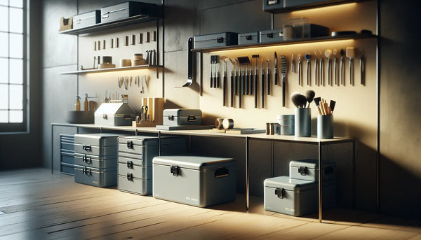 Moderne, gut organisierte Gebäudereiniger-Werkstatt mit hochwertigen Werkzeugen in Steelmonks-Farben elegant arrangiert in warmem Licht.