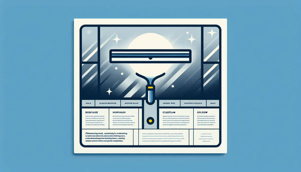 Minimalistische Vektorgrafik eines stilisierten Fensterputzwerkzeugs in Persian Blue mit gelbem Akzent auf weißem Hintergrund, Überschrift Reinigungswerkzeuge und Stichpunkt Ordnung und Sauberkeit garantieren.
