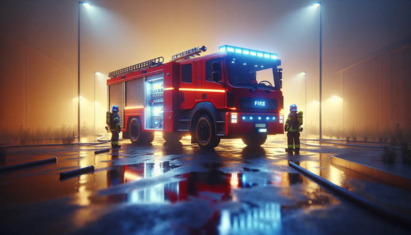 Rotes Löschfahrzeug mit Blaulicht und Feuerwehrleuten in Aktion, stilvoll und realistisch im Steelmonks-Look, warme Atmosphäre und klare Details.