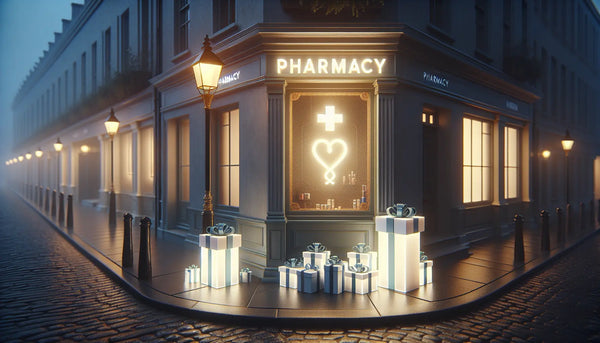 Nächtliche Straßenszene in Senden mit warm leuchtendem Apothekenschild und eleganten Geschenkboxen im Steelmonks-Farbstil.