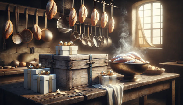 Rustikale Küche mit hängenden Kastenformen und Schwadenbox auf Holztisch, elegant verpackte Geschenke in Steelmonks Farben, warme Atmosphäre.