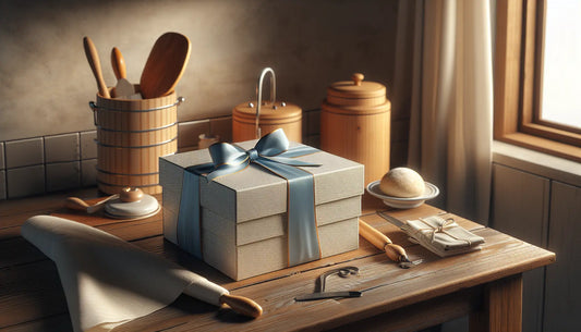 Rustikale Küche mit hölzernem Tisch, eleganten Geschenkboxen in Blau und Weiß, Teigritzer und Schwadenbox, warme natürliche Beleuchtung, Steelmonks Farbschema.