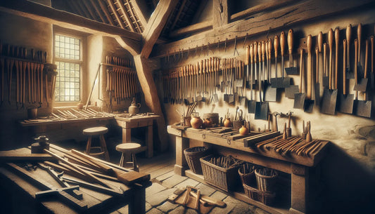 Rustikaler Werkstattbereich mit traditionellen Dachdeckerwerkzeugen, stilvoll arrangiert in Steelmonks Farben für eine warme, atmosphärische Handwerksstimmung.