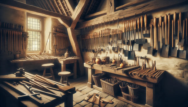 Rustikaler Werkstattbereich mit traditionellen Dachdeckerwerkzeugen, stilvoll arrangiert in Steelmonks Farben für eine warme, atmosphärische Handwerksstimmung.