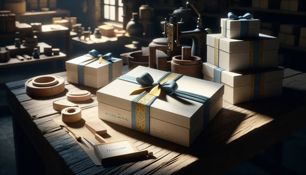 Rustikale Werkstatt mit handwerklichen Werkzeugen und elegant verpackten Geschenken in Steelmonks Farben, warme Atmosphäre voller Wertschätzung.