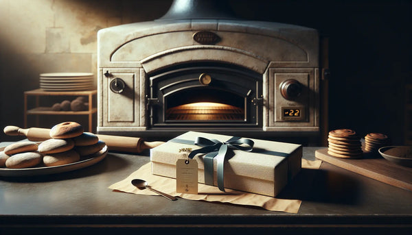 Traditioneller Backofen in rustikaler Bäckerei mit elegant verpacktem Geschenk in Steelmonks Farben, warmes, einladendes Ambiente.