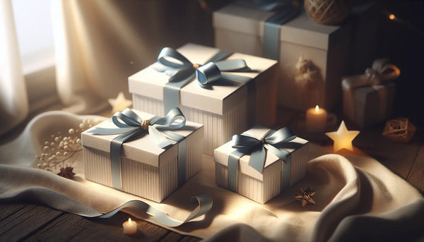 Elegantes Geschenk mit schmalem, weißem Geschenkpaket und blauem Band auf hellem Holz, warm und minimalistisch, im Steelmonks Stil