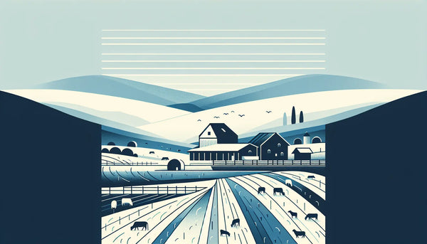 rustikaler hof in minimalistischer vektorgrafik mit hügeliger landschaft felder und tiere ohne menschen auf hellem hintergrund mit text zu morgengrauen und landschaft