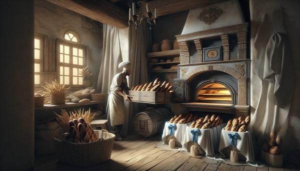 Rustikales Bäckerei-Interieur mit Bäckergesellen, der frisch gebackenes Brot aus antikem Ofen zieht, warmes Licht, Steelmonks-Farbakzente.
