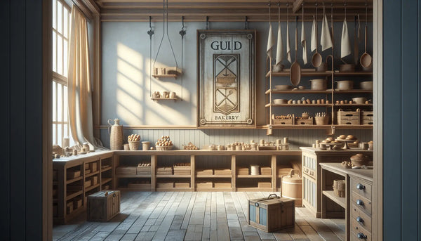 Gemütliches Backstube-Interior mit rustikalem Zunftschild an der Wand, warmes Licht, minimalistisch, Steelmonks Farbschema, hochwertige Atmosphäre