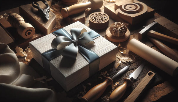 Rustikales Tischgedeck mit schmalen, elegant verpackten Geschenkboxen, Schreinerei-Werkzeugen und Holzspänen, auf dunklem Holztisch mit kunstvollem Holzstück in der Mitte, weich beleuchtet in Steelmonks-Farben.