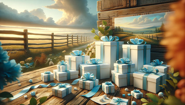 Rustikales Bauernhofmotiv mit hölzernen Zäunen, Feldern und wolkenverhangenem Himmel, schlanke Geschenkboxen mit blauen Bändern in warmem, einladendem Ambiente.