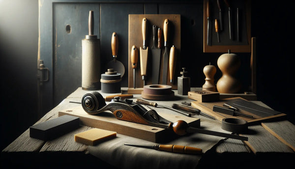 Rustikales Handwerkswerkzeug auf Holzarbeitstisch mit warmem Licht und Steelmonks Farbschema, detailreich und stilvoll in handwerklicher Werkstatt.