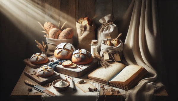 Rustikales Holzbrett mit verschiedenem Brot, Mehltüten und handgeschriebenem Rezeptbuch bei warmem Licht, stilvoll im Steelmonks Look.