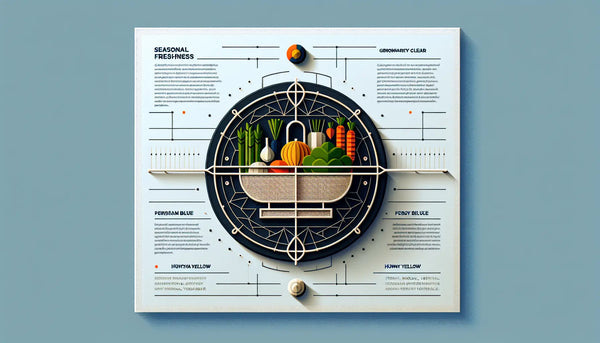 stilisiert gemuesekorb mit frischem saisonalem gemuese als minimalistische vectorgrafik auf ruhigem weissem hintergrund mit text zu saisonaler frische