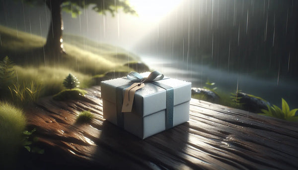 Eleganter, schmaler Geschenkbox in Ghost White mit Persian Blue Band, auf natürlichem Untergrund, sanft von Sonnenstrahlen und Regen im Grünen beleuchtet.