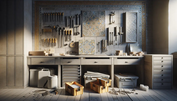 Saubere Fliesenleger-Werkstatt mit Werkzeugen und Materialien, elegant angeordnet, stimmungsvoll beleuchtet im Steelmonks Farbdesign.