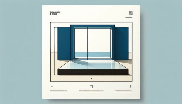 Minimalistische Vektorgrafik eines stilisierten Fensters mit klaren Linien und einem glänzenden Boden, dargestellt in Persian Blue und Deep Black auf Ghost White Hintergrund, Symbol für Sauberkeit und Ordnung.