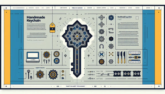Minimalistisches Schlüsselsymbol als handgefertigter Schlüsselanhänger in Persian Blue mit gelbem Akzentpunkt auf weißem Hintergrund schwarz text Schlüsselanhänger Handwerk Tradition trifft Technik