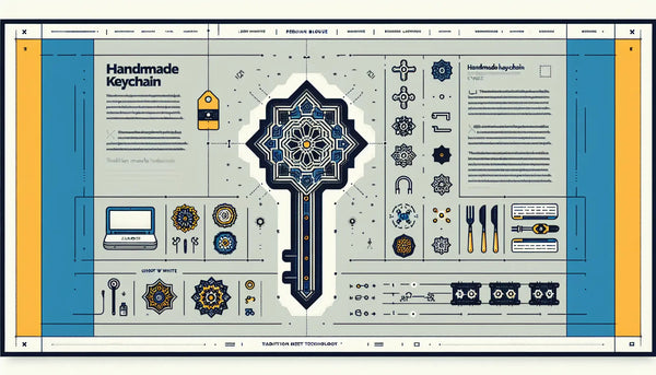 Minimalistisches Schlüsselsymbol als handgefertigter Schlüsselanhänger in Persian Blue mit gelbem Akzentpunkt auf weißem Hintergrund schwarz text Schlüsselanhänger Handwerk Tradition trifft Technik