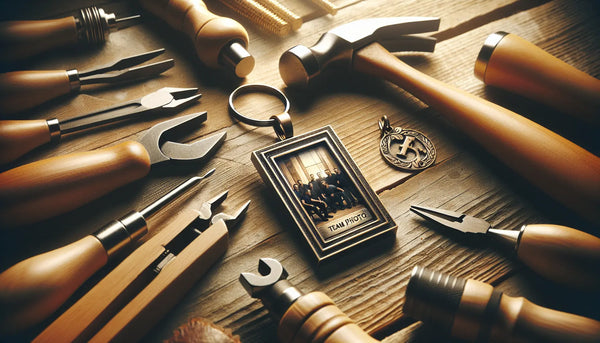 Eleganter Schlüsselanhänger mit eingraviertem Teamfoto auf einem hellen Holztisch, umgeben von realistischen Handwerkerwerkzeugen, beleuchtet in freundlicher Atmosphäre mit Steelmonks-Farbschema.