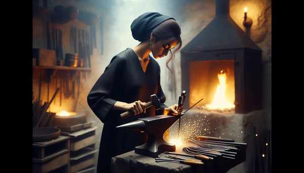 Schmied arbeitet am Amboss, Funken fliegen, glühendes Metall, warme Werkstatt mit Steelmonks Farben und ruhiger Atmosphäre.