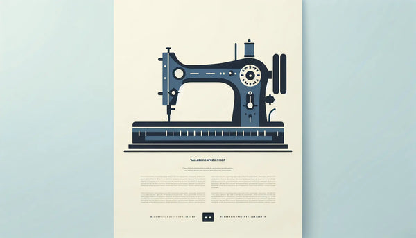 Nähmaschine als minimalistische Vektorgrafik auf hellem Hintergrund mit Text zu Schneiderwerkstatt