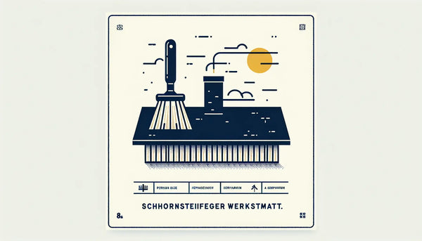 traditioneller schornsteinfegerbesen als minimalistische vektorgrafik auf weissem ruhigem hintergrund mit text zu schornsteinfeger werkstatt