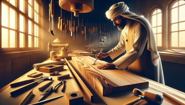 Schreiner arbeitet präzise an Holz mit traditionellen Werkzeugen und moderner Technik in warmer Werkstatt im Steelmonks Stil.