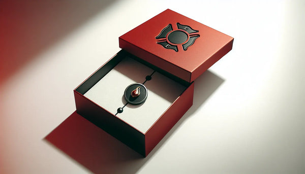 Skizzenhafte Szene eines Signet Anhängers in Geschenkbox mit Feuerwehrsymbolen und Metall Elemente