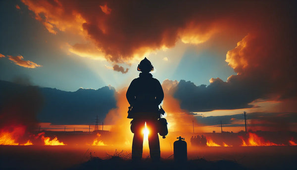 Silhouette eines Feuerwehrmanns vor brennender Kulisse bei Sonnenuntergang, stilvoll realistisch im Steelmonks-Farbschema.