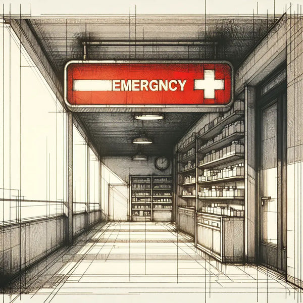 Skizzenhafte Darstellung eines modernen Apothekeninterieurs mit angedeutetem Notdienst-Schild in ruhiger Farbstimmung