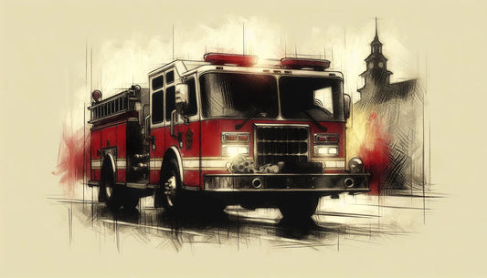 Skizzenhafte Silhouette eines Feuerwehrfahrzeugs in Aktion ohne Personen vor weißem Hintergrund