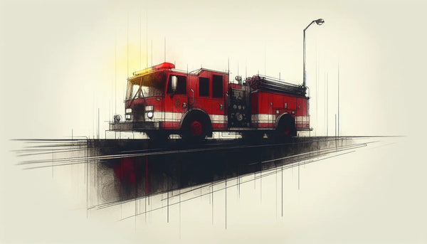 Feuerwehrfahrzeug mit Ausrüstung ohne Menschen in reduzierter Skizze