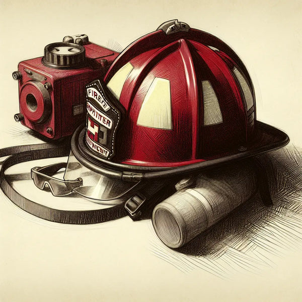 Feuerwehrhelm Schutzbrille und Strahlenschutzgerät als skizzenhafte Zeichnung auf weissem Hintergrund