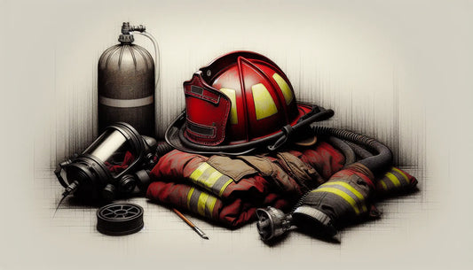 Feuerwehrhelm hitzebeständige Kleidung und Atemschutzgerät skizzenhaft auf Tisch