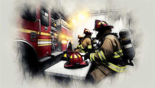 Feuerwehrhelm und Gerätschaften als skizzenhafte Szene auf hellem Hintergrund