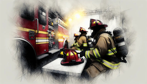 Feuerwehrhelm und Gerätschaften als skizzenhafte Szene auf hellem Hintergrund