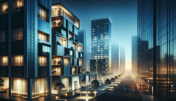 Modernes Stadtpanorama mit smart aktivierter Beleuchtung zeigt elegante Gebäudeautomation in Persian Blue, Ghost White, Hunyadi Yellow und Deep Black.