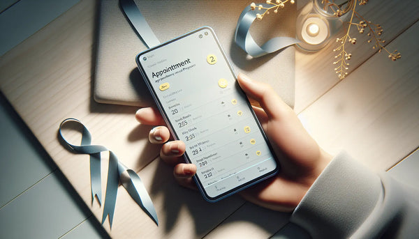 Smartphone zeigt 116117-App mit Terminen, stilvoll in Steelmonks-Farben, freundlich und vertrauenswürdig inszeniert.