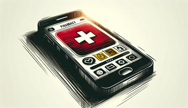 Skizzenhafte Darstellung eines Smartphones mit Apothekenfinder-App Notdienstanzeige
