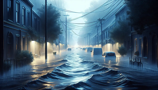Sommerlicher Regenflut überschwemmt Straßen und Keller, realistisch mit Steelmonks-Farben und atmosphärischer Stimmung dargestellt.