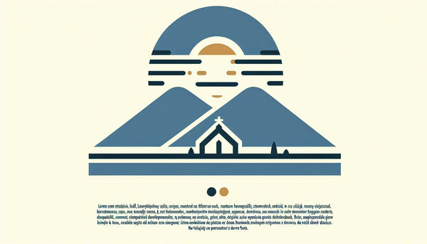 stilisiertes einfaches hügel profil in blauer farbe auf hellem hintergrund mit gelber sonne und kleiner kirche minimalistisch reduziert