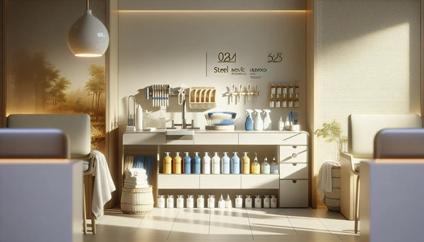 Sauber organisierte Reinigungsstation in modernem Büro mit hochwertig angeordneten Reinigungsmitteln in Steelmonks Farbpalette.
