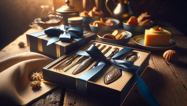 Ein sorgfältig arrangiertes Geschenkset mit gravierten Werkzeugen und kulinarischen Delikatessen auf einem rustikalen Holztisch, in schlanken Geschenkboxen mit persischblauen Bändern und warmem Licht, im Steelmonks-Stil.