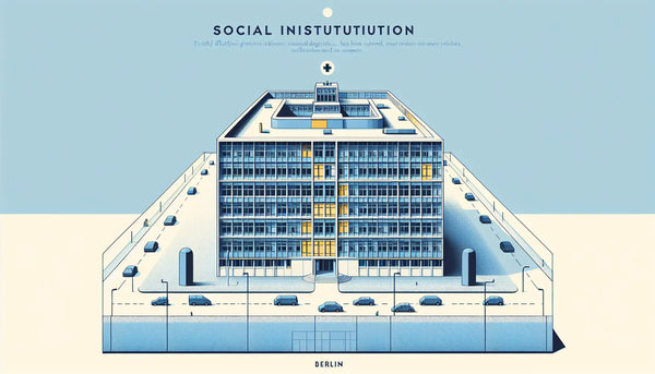 modernes geometrisches gebaeude als vektor auf hellem hintergrund mit text zu sozialer einrichtung berlin gesundheitszentrum